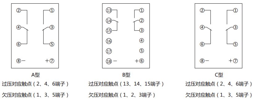 JCDY-2A/B直流电压继电器内部接线及外引接线图(背视图)
